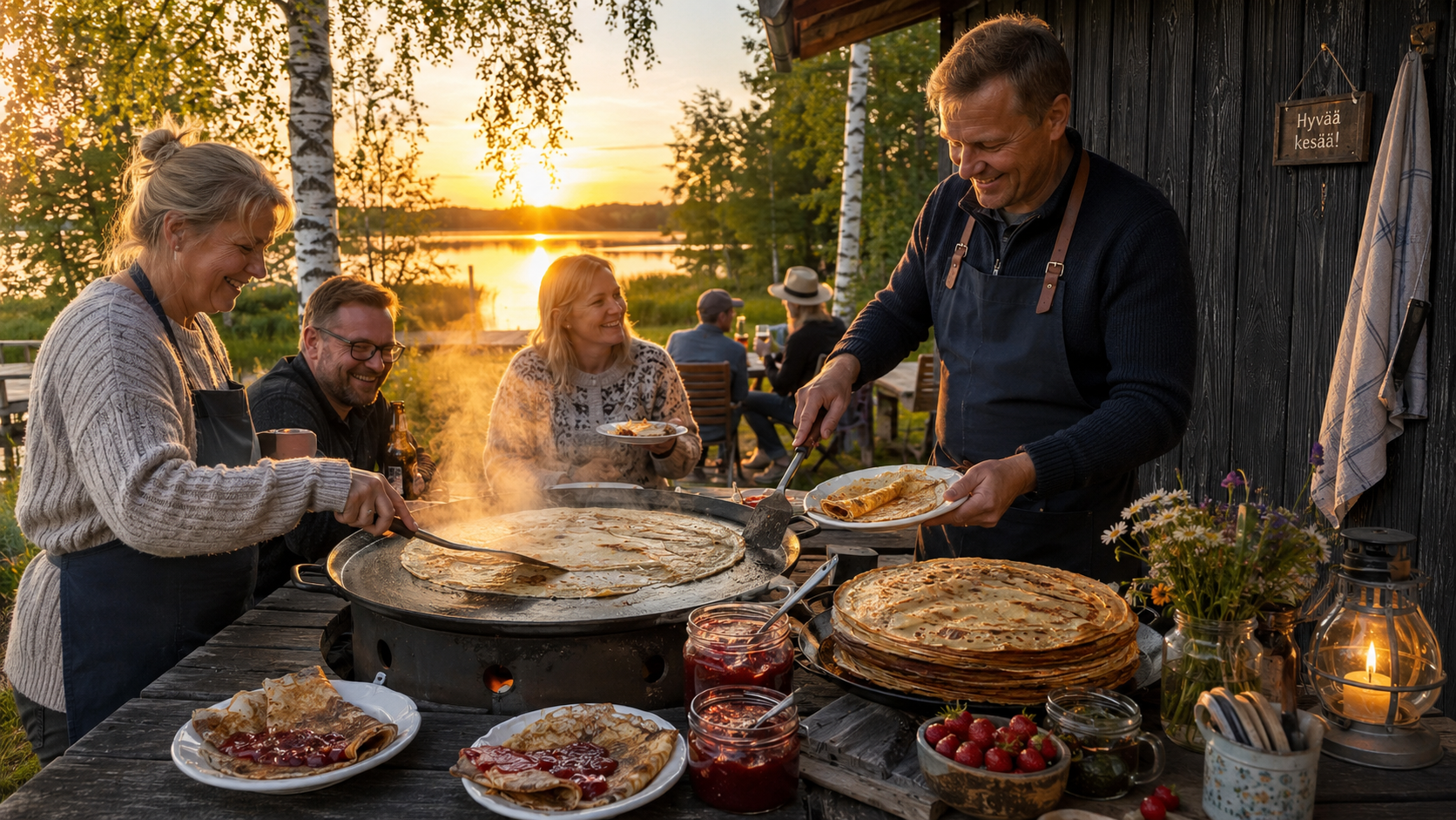 Ihmisiä nauttimassa muurinpohjalettua auringonlaskussa järven rannalla